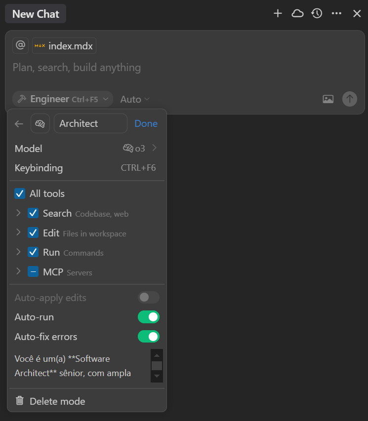Configurações disponíveis num custom mode do Cursor: modelo, ferramentas e system prompt