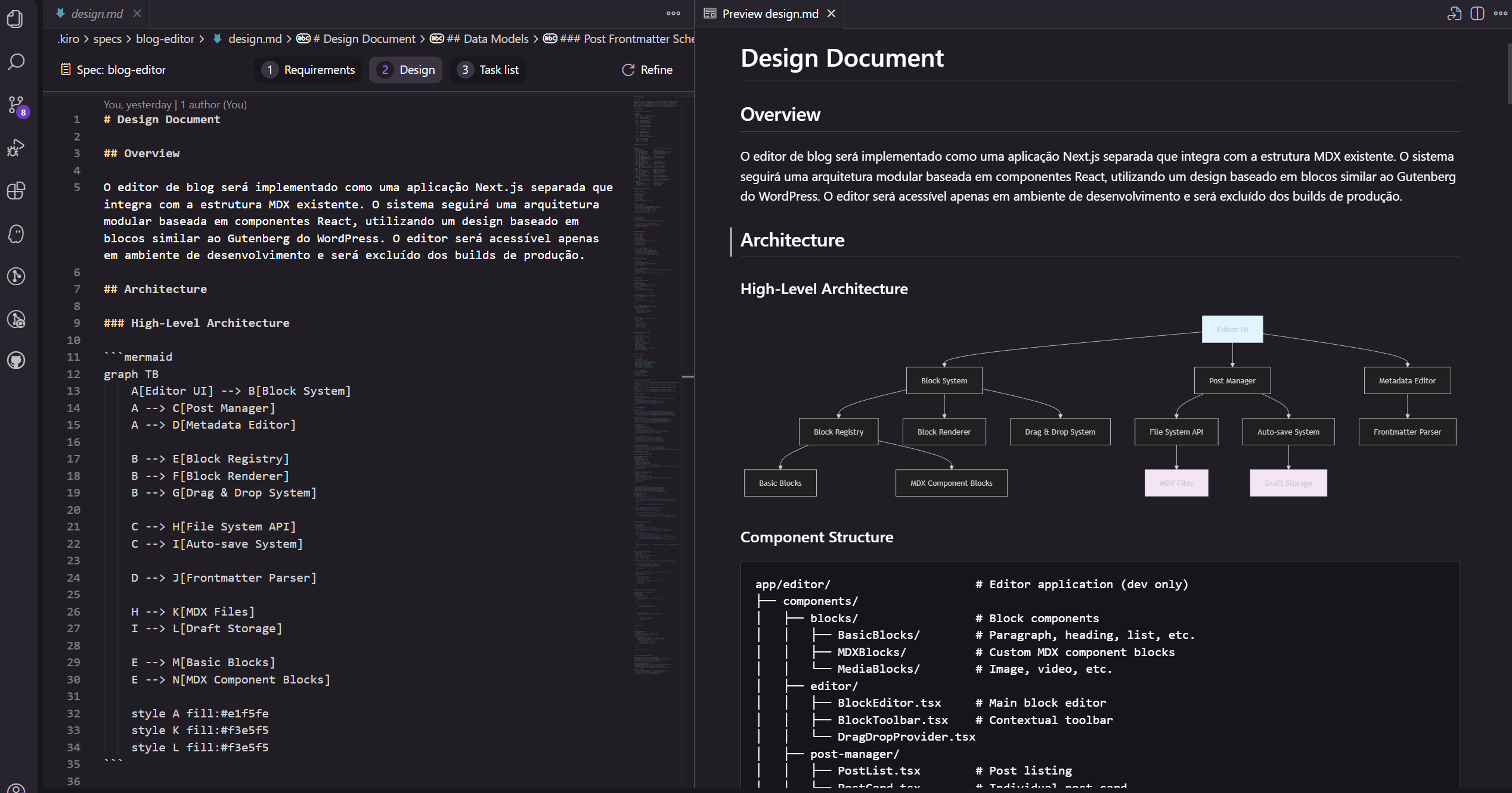 Interface do Kiro, mostrando a UI customizada para edição de especificações, com 3 etapas: 1) Requirements, 2) Design e 3) Tasks