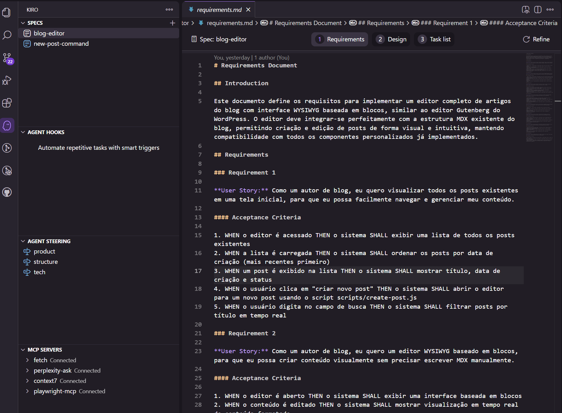 Interface do Kiro, mostrando a UI customizada para edição de especificações, com 3 etapas: 1) Requirements, 2) Design e 3) Tasks
