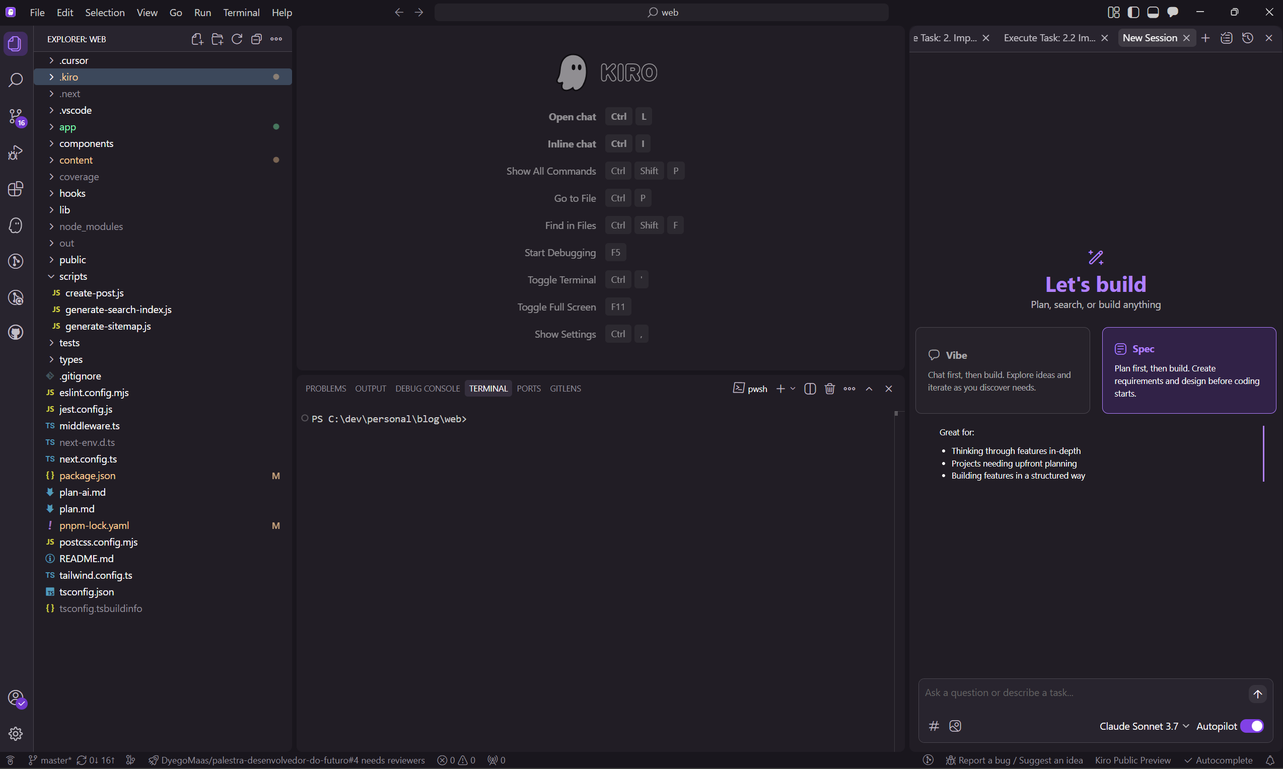 Interface Gráfica do Kiro, com destaque para a área de chat, que traz duas opções: Vibe e Spec