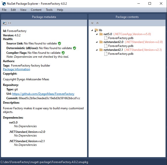 Arquivo ForeverFactory.4.0.2.snupkg aberto no NuGet Package Explorer, com os metadados à esquerda, e a árvore de conteúdos à direita