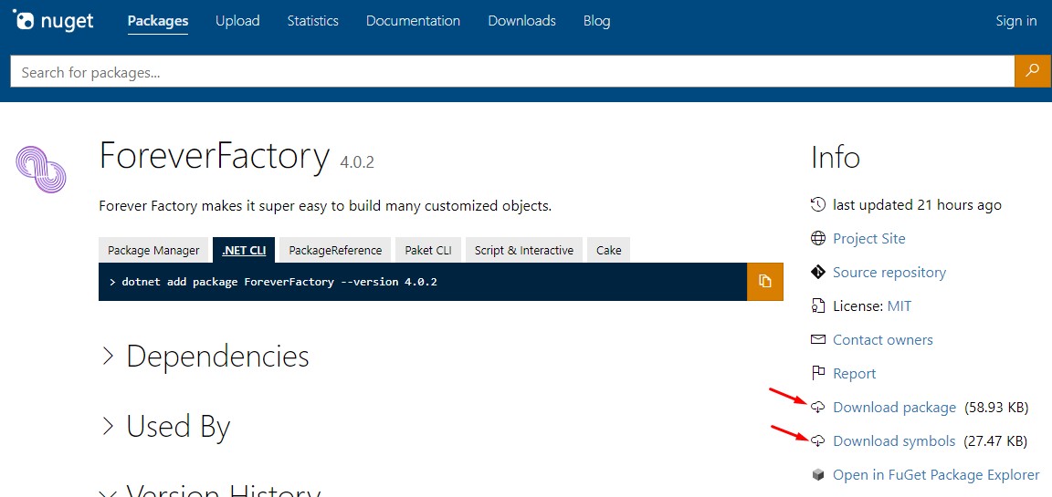 Página do projeto ForeverFactory aberta no site nuget.org, mostrando que os pacotes de binários e de símbolos foram publicados