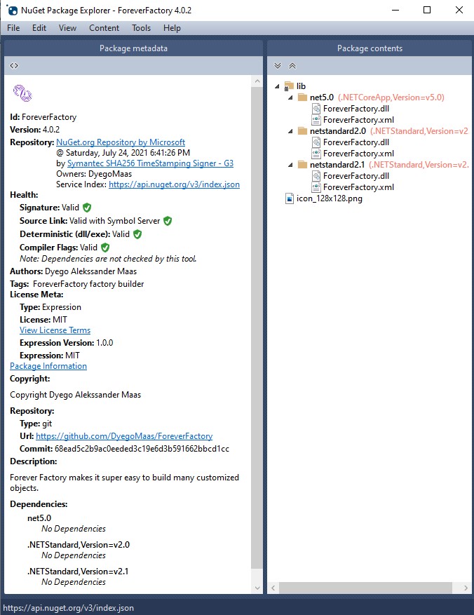 Pacote publicado aberto no NuGet Package Explorer, com todas as validações passando