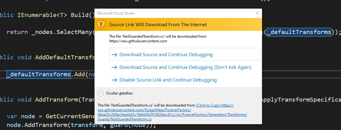 Janela de confirmação de download do código fonte, com a seção de detalhes expandida, exibindo o link de download