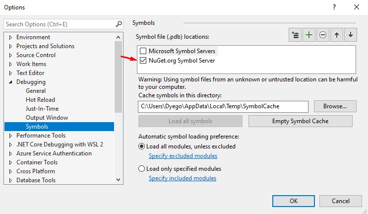 Habilitando o servidor de símbolos do NuGet.org em Tools, Debugging, Symbols
