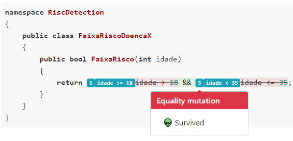 Exemplo de um mutante que sobreviveu, que mutou o >= 18 por > 18
