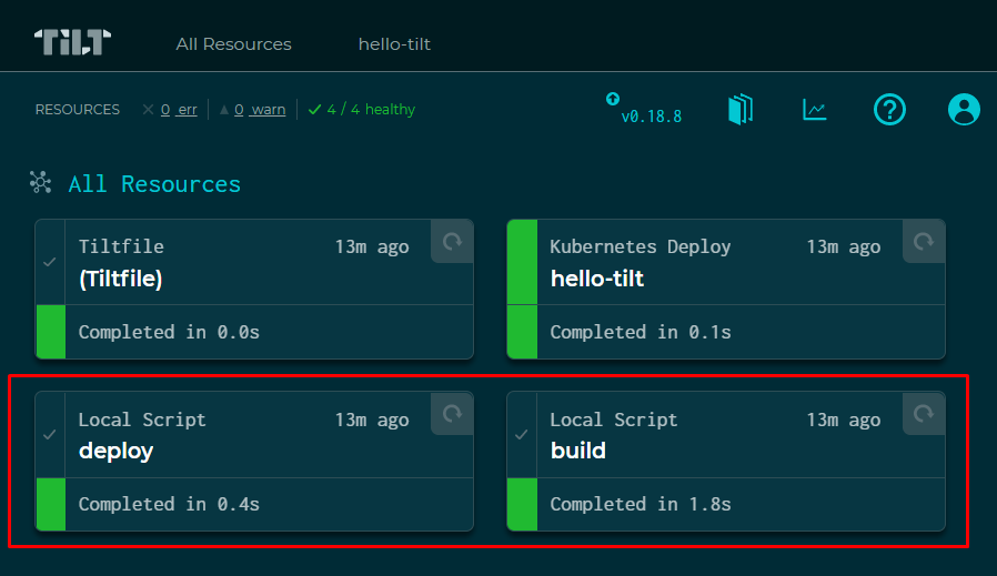 Recursos do exemplo avançado, listando Tiltfile, hello-tilt, deploy e build
