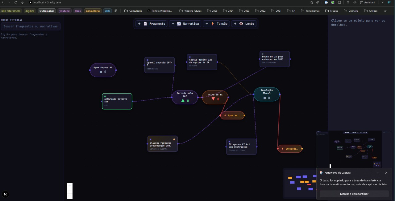 Interface do Gravity Lens mostrando um grafo de conexões entre notícias e narrativas
