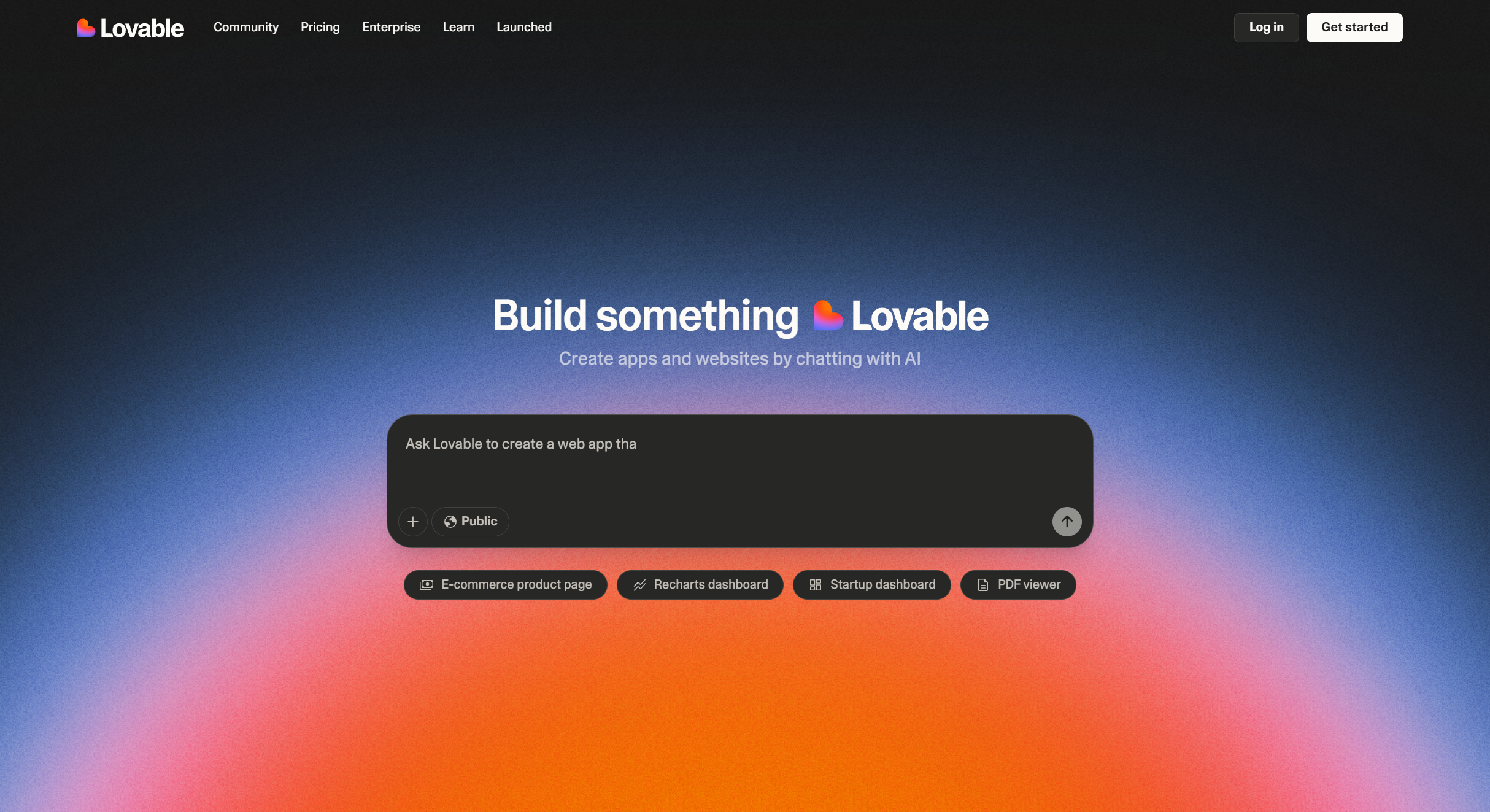 Página inicial do Lovable, com uma simples caixa de prompt sugerindo criar uma aplicação completa