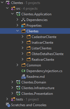Projeto Application, com a pasta Clientes selecionada, contraída