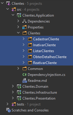 Projeto Application, com a pasta Clientes expandida, revelando os casos de uso Cadastrar Cliente, Inativar Cliente, Reativar Cliente, Listar Clientes e Obter Detalhes do Cliente