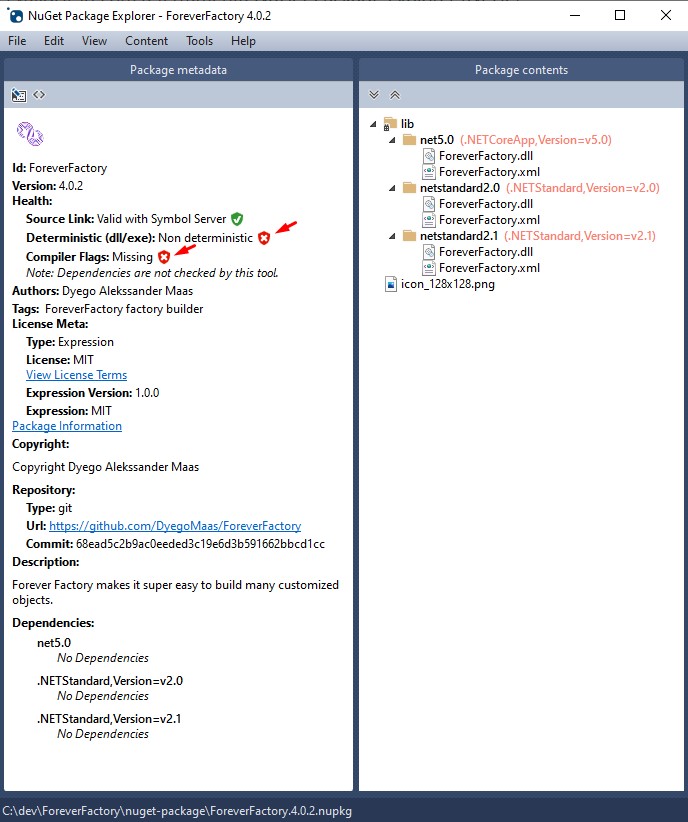 Arquivo ForeverFactory.4.0.2.nupkg aberto no NuGet Package Explorer