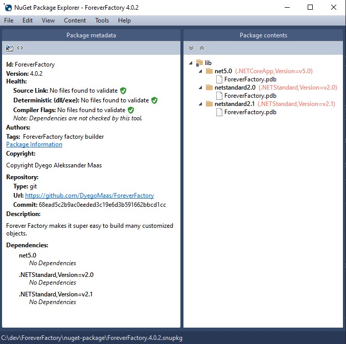 Arquivo ForeverFactory.4.0.2.snupkg aberto no NuGet Package Explorer