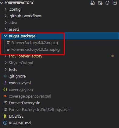 Diretório gerado, com os arquivos ForeverFactory.4.0.2.nupkg e ForeverFactory.4.0.2.snupkg