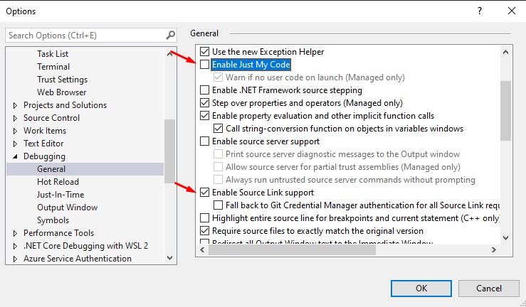 Configuração do Source Link no Visual Studio em Tools, Debugging, General