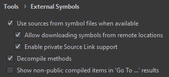Configuração do Source Link no Rider em Settings, Tools, External Symbols