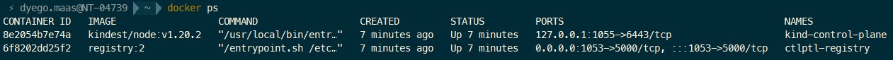 docker ps lista dois containers rodando; o control plane e o registro