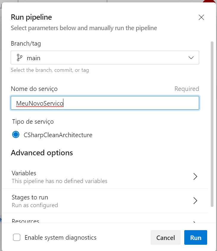 Tela Run Pipeline, com o parâmetro obrigatório Nome do Serviço