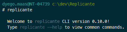 Print da tela mostrando um comando padrão para ser chamado quando alguém rodar replicante no terminal, desta vez listando a versão e instruindo o usuário a chamar o comando help