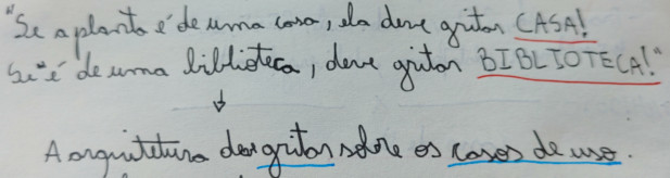 Uma primeira ideia, e uma seta vertical apontando para uma segunda ideia