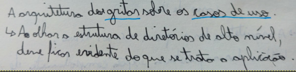 Uma primeira ideia, e uma seta em noventa graus abaixo dela, apontando para a segunda ideia, derivada da primeira