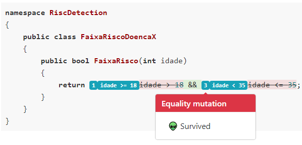 Exemplo de um mutante que sobrevivou, que mutou o >= 18 por > 18