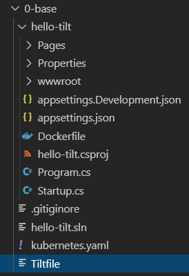 Árvore de arquivos de uma solução .NET, com um arquivo hello-tilt.sln na raiz, e um Tiltfile