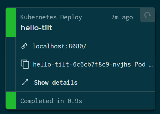 Detalhes do recurso hello-tilt, incluindo URL e nome do pod