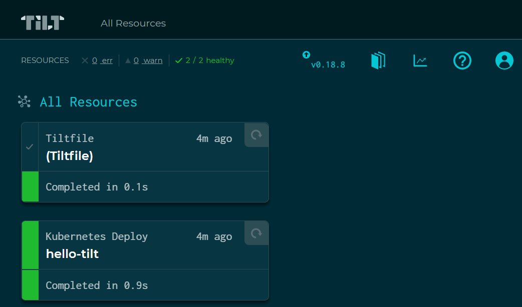 Tela inicial do Tilt, mostrando que os recursos Tiltfile e hello-tilt foram processados com sucesso