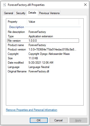 Detalhes do arquivo ForeverFactory.dll, com a versão 1.0.0.0