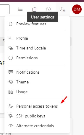 Opção para gerar Personal Access Tokens no Portal do Azure, no menu do usuário