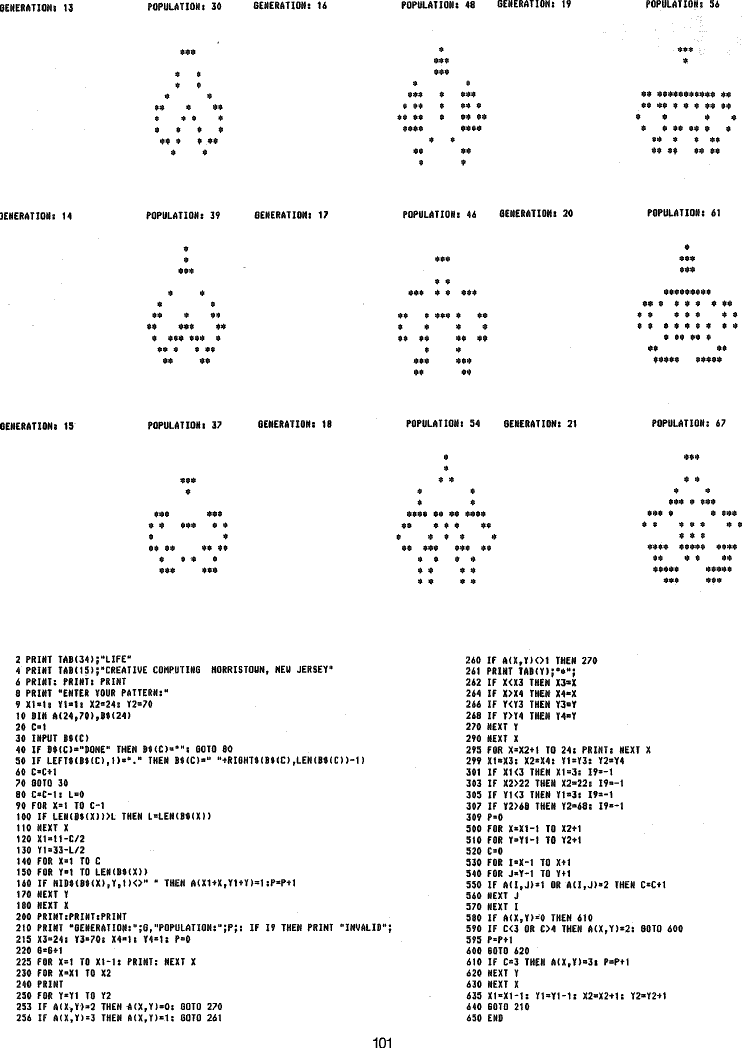 Página 101, escaneada do BASIC Computer Games, contendo o programa LIFE